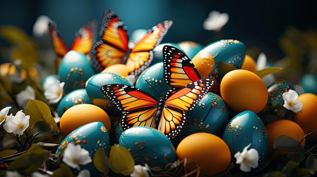 Easter day background with egg ornaments butterflies and blurred background