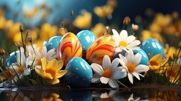 Easter day background with egg ornaments butterflies and blurred background