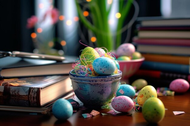 Easter day concept in desk with bunny sweets or colorful decorative egg Decoration easter on table