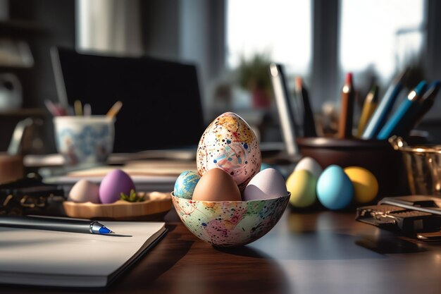 Photo easter day concept in desk with bunny sweets or colorful decorative egg decoration easter on table