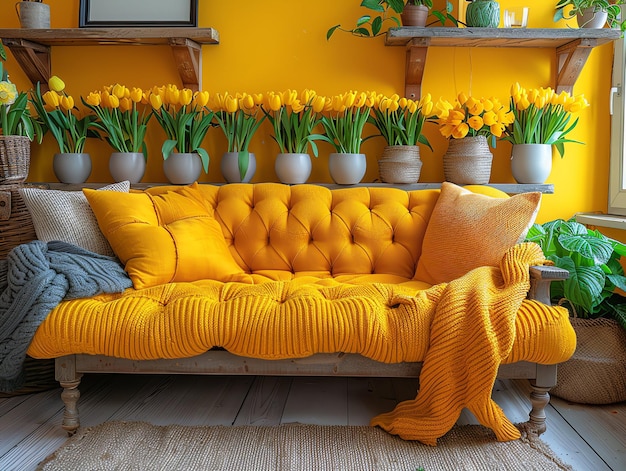 Easter day concept in living room with bunny sweets or colorful decorative eggs Easter celebration