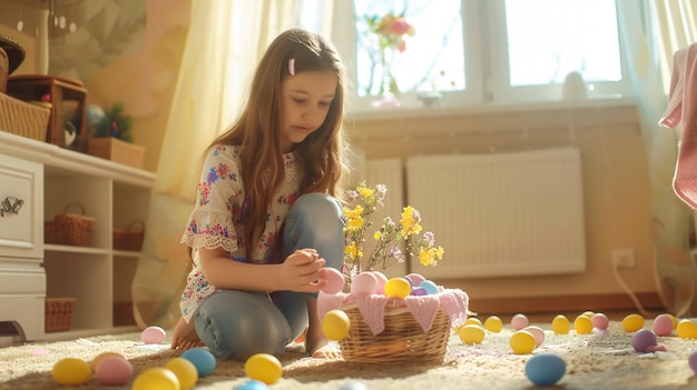 Easter Day girl living room basket vibrant eggs