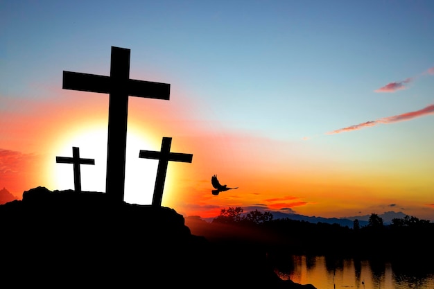 Easter day three crosses on mountain at sunrise