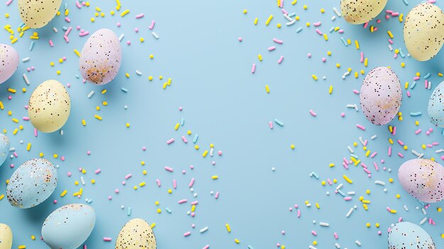 Easter decor concept Top view photo of yellow pink blue easter eggs and sprinkles on Generative AI