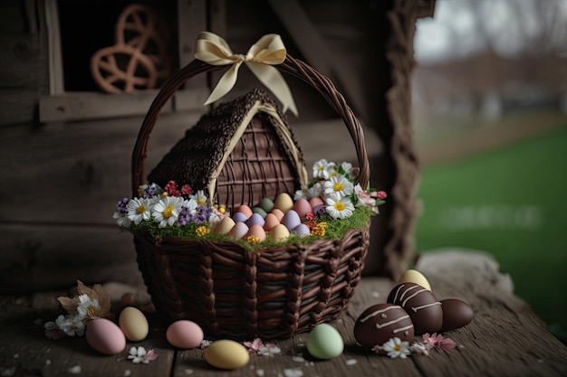 Easter Decor with Chocolate Eggs Flowers and Wooden Hut in Background generative AI