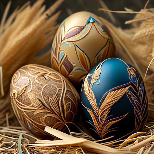 Easter decorated eggs lie in straw handmade Generative AI