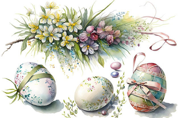 Easter decoration concept Floral watercolor painting on white background Generative AI content