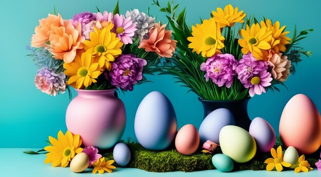 Easter decoration Easter composition with colored eggs and flowers Flat lay Generative AI