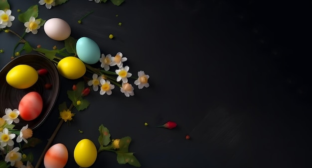 Easter decoration Easter composition with colored eggs and flowers Generative AI content