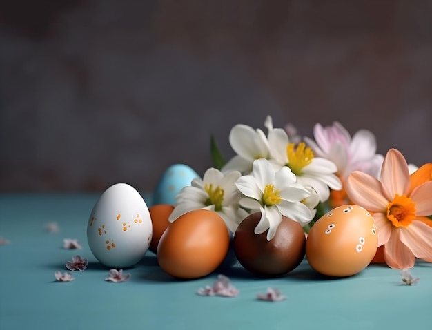 Easter decoration Easter composition with colored eggs and flowers Generative AI content