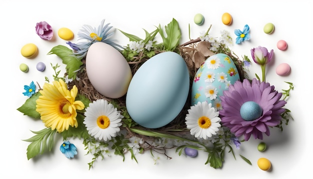 Easter decoration Easter composition with colored eggs and flowers on white background Generative AI