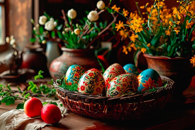 Easter decorations on an old wooden kitchen worktop