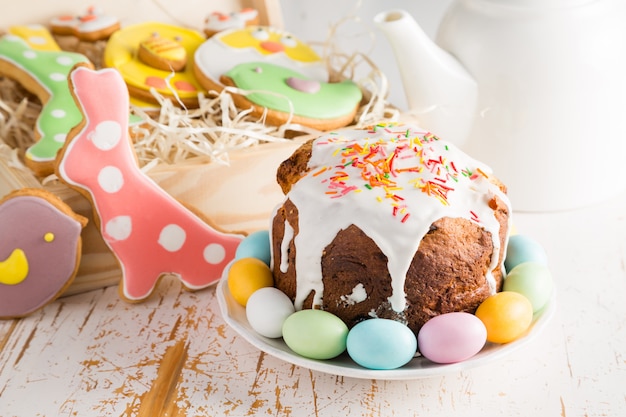 Easter decorations on white wood 