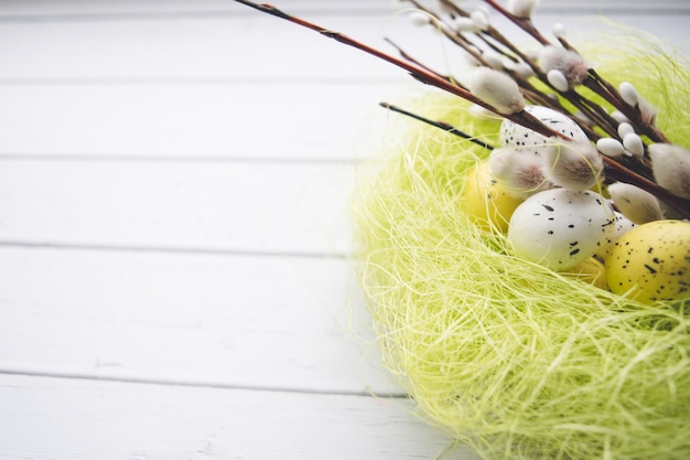 Easter decorations. Willow twigs and decorative Eggs in nests on wooden background