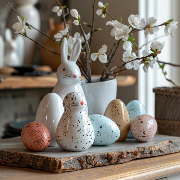 Photo easter decorations with ceramic eggs and bunny figurine on wooden table with blossoming branches