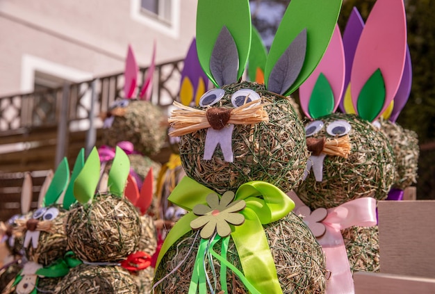 Easter decorative straw rabbit bunny Easter street market day off sunny weather