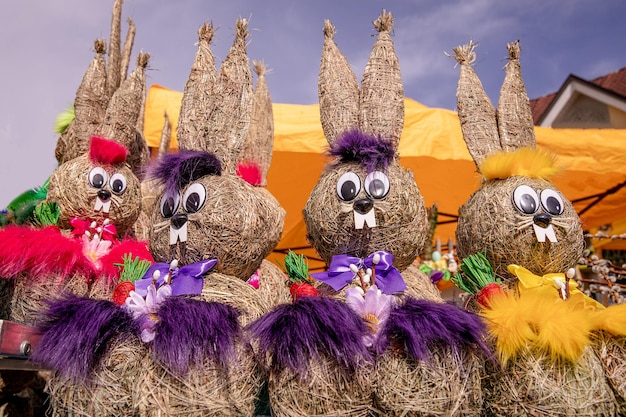 Easter decorative straw rabbit bunny Easter street market day off sunny weather