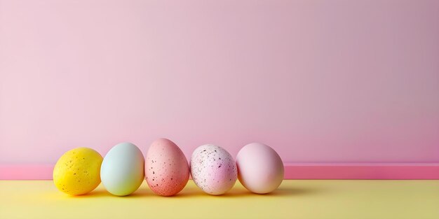 Photo easter display showcasing natural egg decorations on pink and yellow backdrop concept easter decor natural egg pink and yellow spring vibes seasonal display