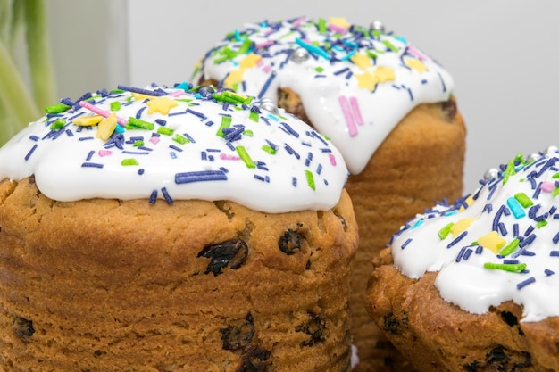 Easter Easter cake with raisins and icing sprinkled with colorful sprinkles