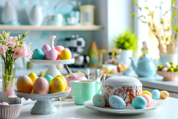 Easter Easter eggs and Easter cake on the table in a bright home interior