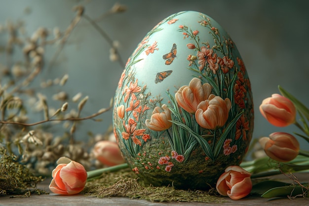 Easter egg adorned with vibrant tulips and playful butterflies