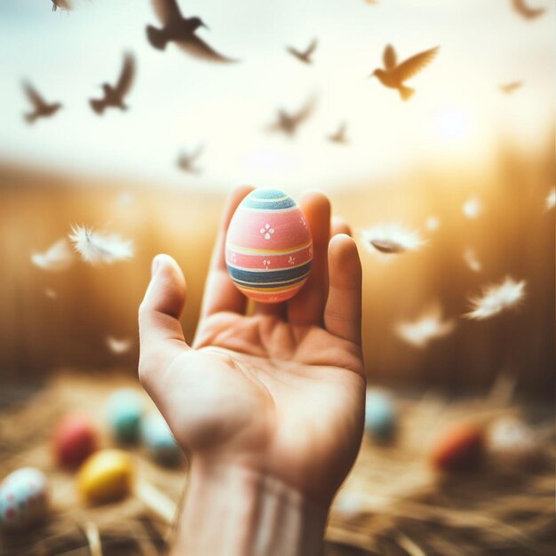 A Easter egg being held or tossed in the air