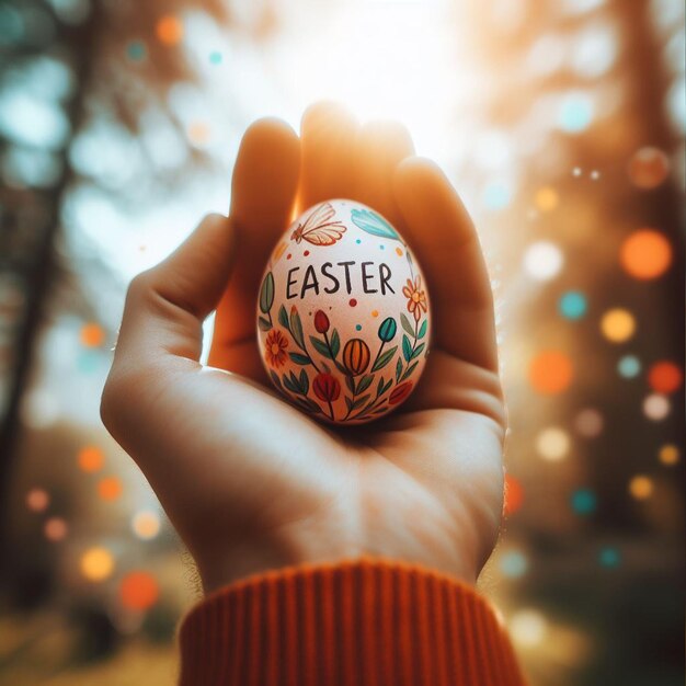 A Easter egg being held or tossed in the air