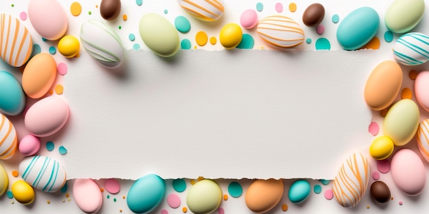 Easter Egg bottom border over a soft white banner background Top down view with copy spaceGenerative AI