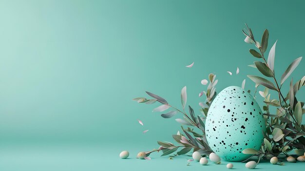 Photo easter egg decorations with spring foliage on teal background