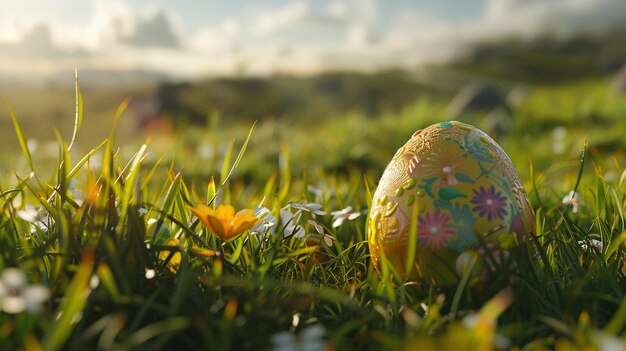 Photo an easter egg in the grass with a flower in the background