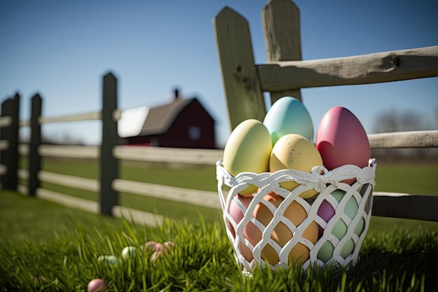 Easter Egg Hunt on Green Grass with Wicker Basket and Red Barn and White Fence in Background with Generative AI