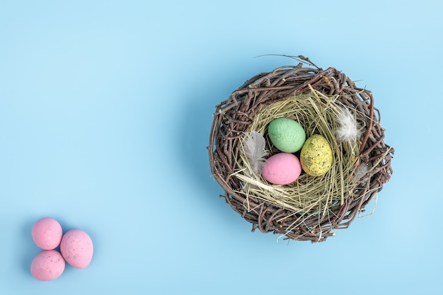 easter egg is a basket isolated on blue