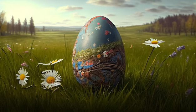 An Easter egg laying on the meadow