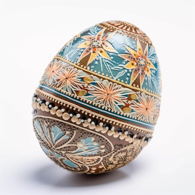 A easter egg paint with blue and brown floral pattern on it