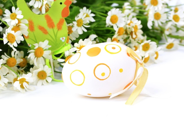 Easter egg on spring background daisy with blurred focus