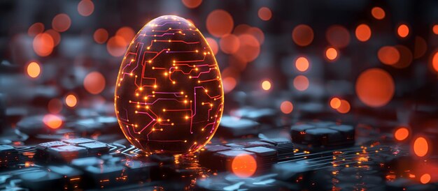 Easter egg in tech futuristic style Greeting card with abstract 3d egg with circuit board texture