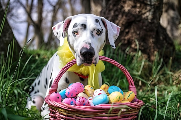 Easter eggs are in the mouth of a Dalmatian dog holding a basket