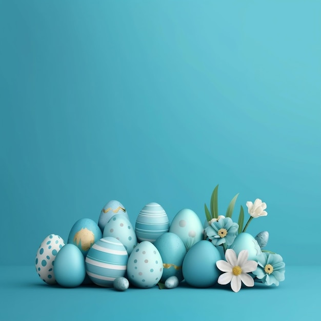 Easter Eggs Banner Blue Background Generative AI