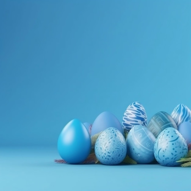 Easter Eggs Banner Blue Background Generative AI