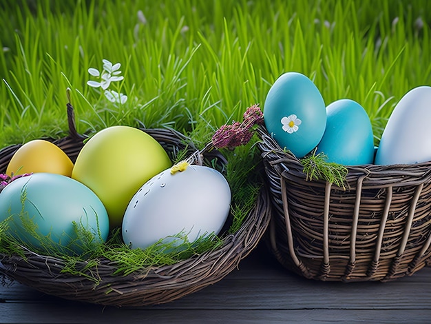 Easter Eggs In Basket On Aged Wooden Table In Spring Garden Illustration Ai generation