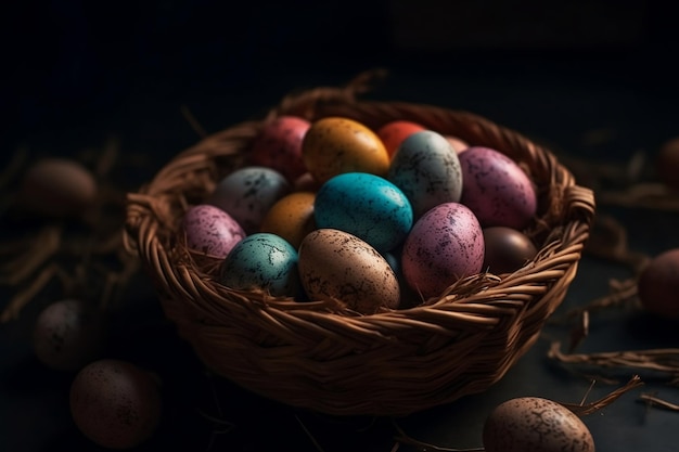 Easter eggs in a basket Generative AI