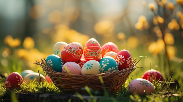 A easter eggs in a basket on a green grass with sun shine