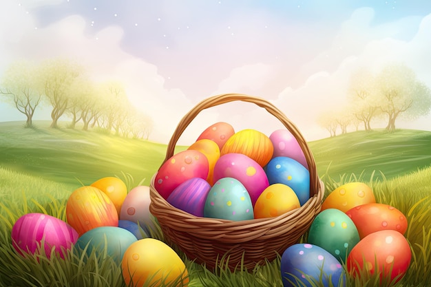 Easter eggs in a basket on green meadow illustration AI generated