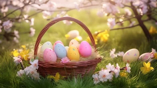 Easter eggs in a basket on a sunny day