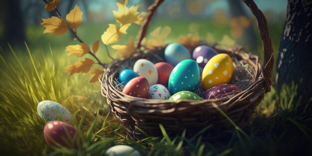 Easter eggs in a basket on a sunny day