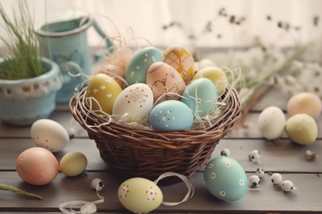 Easter eggs in a basket on a table