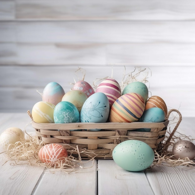 Easter eggs in a basket on a white wooden background selective focus