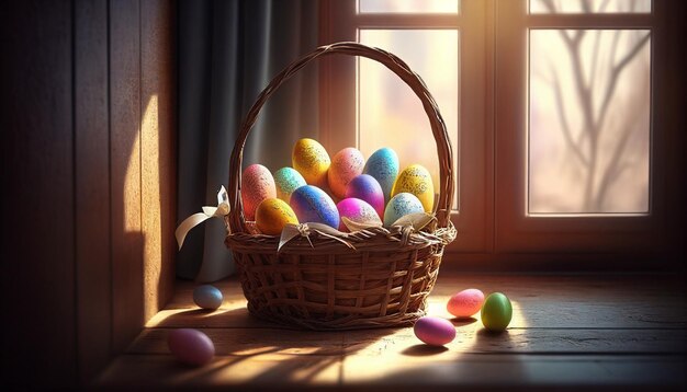 Easter eggs in a basket on a windowsill