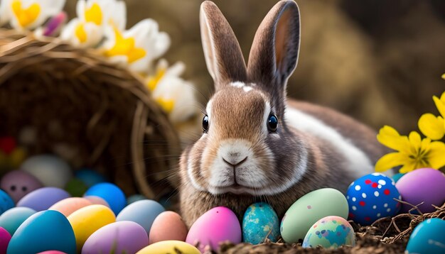 Easter eggs in a basket with a bunny in the middle