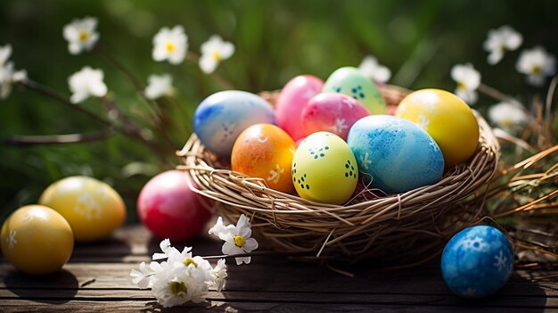 Easter eggs in a basket with flowers in the background